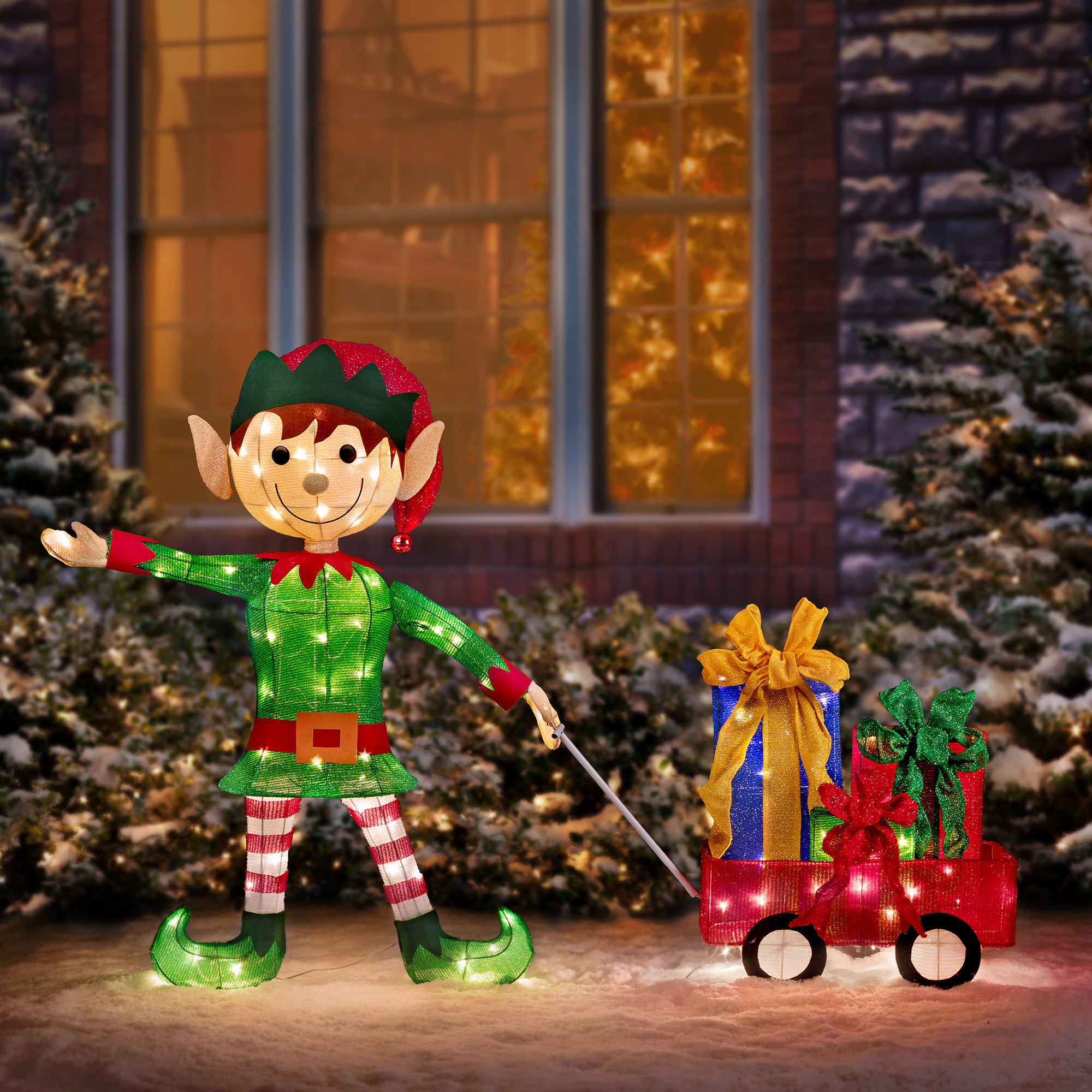 The Twillery Co.® 2 Piece Elf Pulling Wagon Lighted Display Set