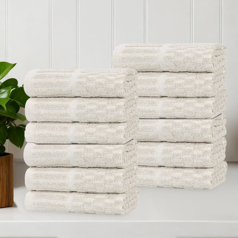 Blue Nile Mills Viscose Cotton Blend Face Towel Set - Checkered Texture - Quick-Dry, Fade-Resistant, Beige