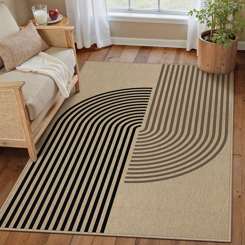 Machine Washable Geometric Striped Area Rug in Black/Brown, Rectangle 3' x 5'