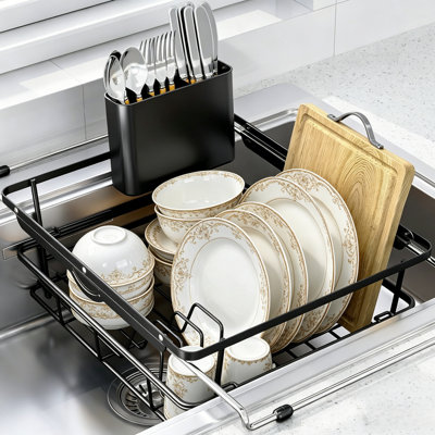 Expandable Over Sink Dish Drying Rack, Stainless Steel With Utensil Holder