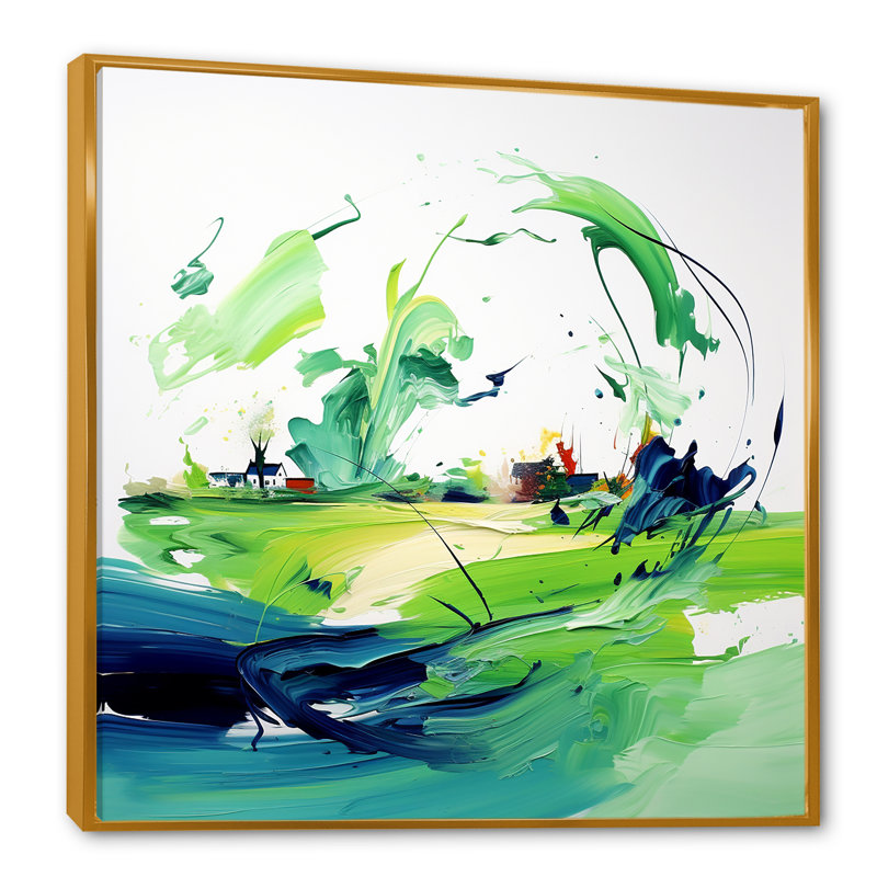 «Green and Blue», impression d'art abstrait mural, Cadre flottant doré, H 16 po x l 16 po x P 1 po