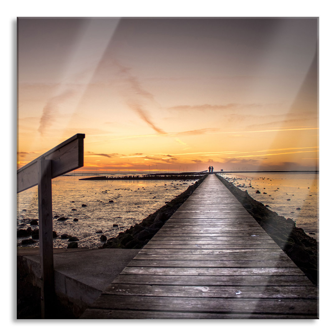 Glasbild Quadratisch  Wandbild Auf Echtglas  Langer Steg An Der Nordsee  Aufhängung Und Abstandshalter LQ9756