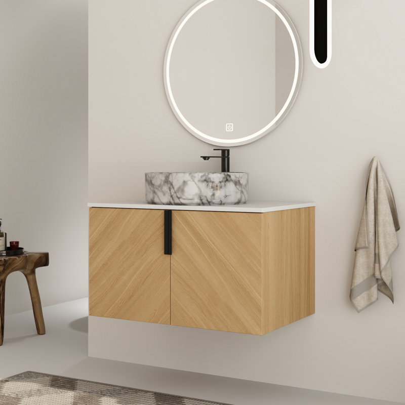 Ensemble de meuble-lavabo simple 30 po avec plateau en pierre et lavabo vasque en céramique Caldicot, Blanc / Gris, 30"
