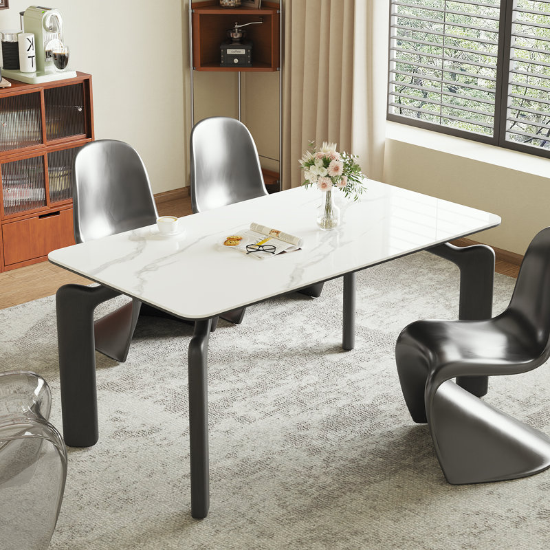 59" Modern White Sintered Stone Dining Table, Rectangular Kitchen Table with Sturdy Black Metal Legs, Seats 4-6 People