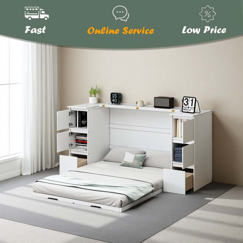 Armoire lit escamotable avec chaise, bureau et tiroirs Murphy, Full/Double, Blanc