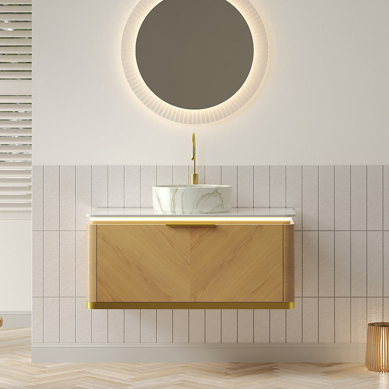 Meuble-lavabo de salle de bain 36 po DIPA, armoire de rangement en contreplaqué flottant, tiroir avec poignée et capteur de lumière, vasque en céramique blanche à motif de pierre et plateau en pierre frittée, pré-assemblé, grain de bois