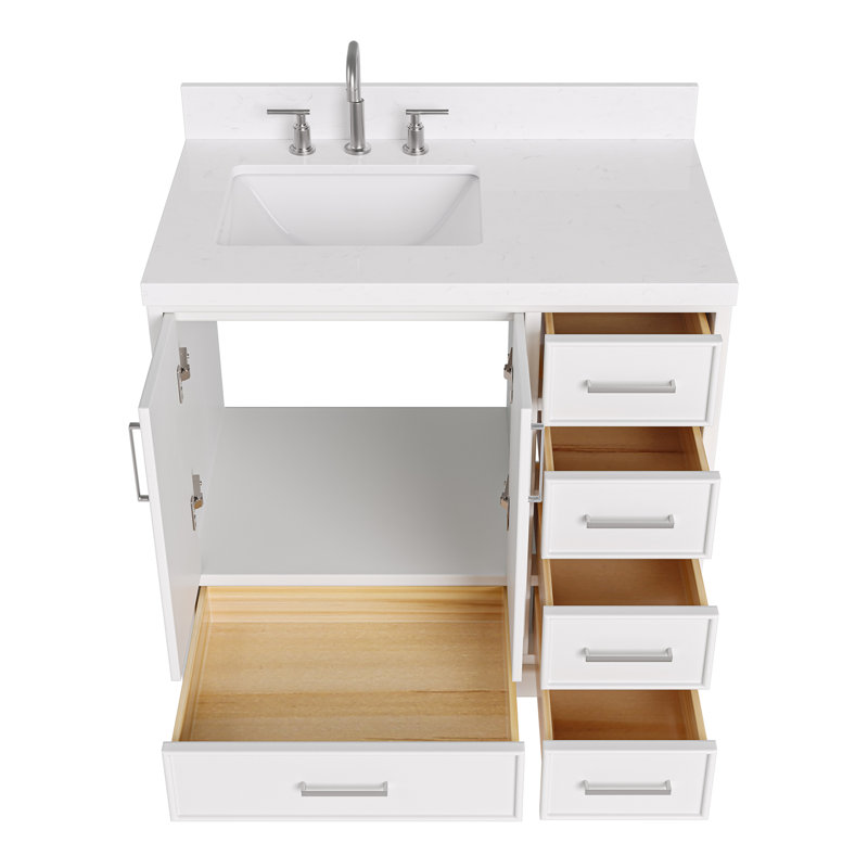 Ensemble de meuble-lavabo simple 36,25 po avec plateau en quartz Abshire, Blanc