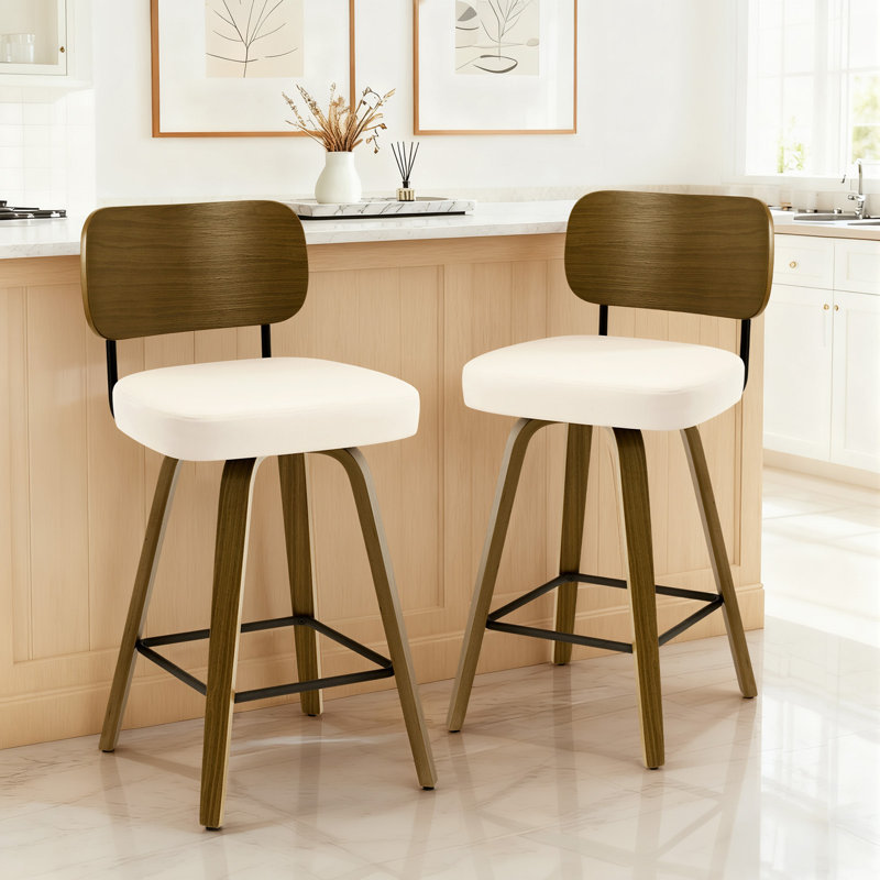 26" Mid-Century Modern Swivel Faux Leather Upholstered Wood Counter & Bar Stool, White, 2