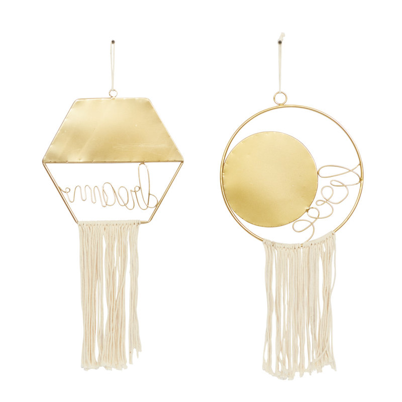 Gold Geometric Wall Mirrors with Fringe Tassels, Set of 2