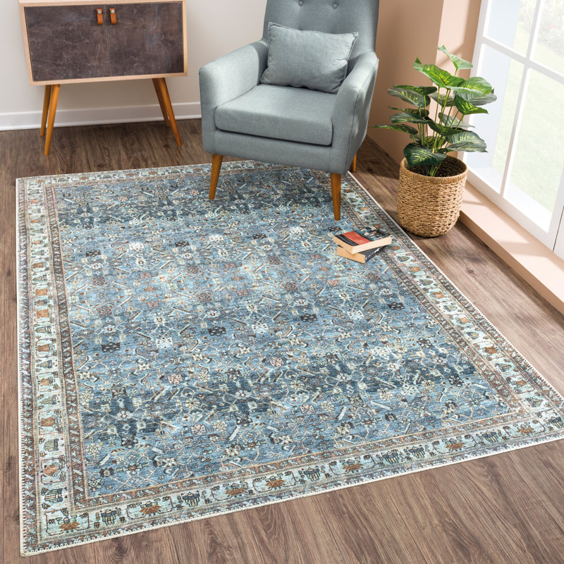 Tapis bleu / beige lavable à la machine pour le salon, la chambre à coucher, la salle à manger et la cuisine - Ferri