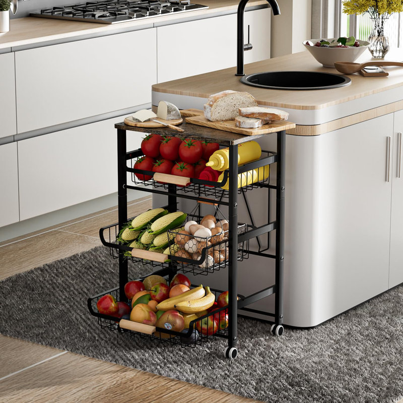 Fruit Basket for Kitchen, 4-5Tier Slide Out Metal Storage Baskets Carts Organizers Drawers with Wood Top and Handle with Rolling Wheels for Snacks Vegetables