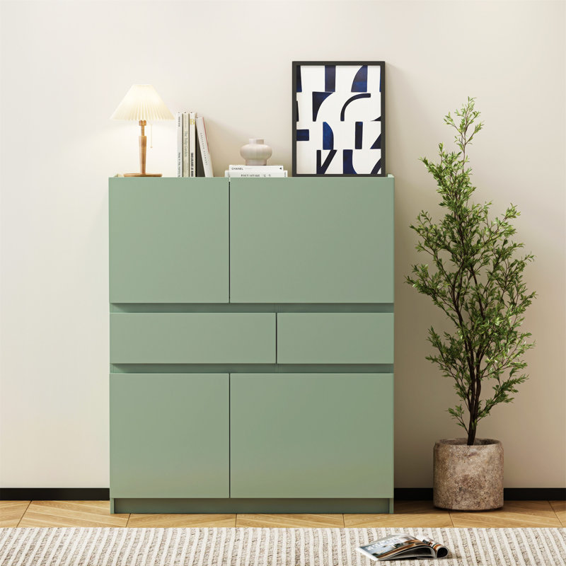 Armoire de rangement en bois verte avec 4 portes et 2 tiroirs, armoire à chaussures 