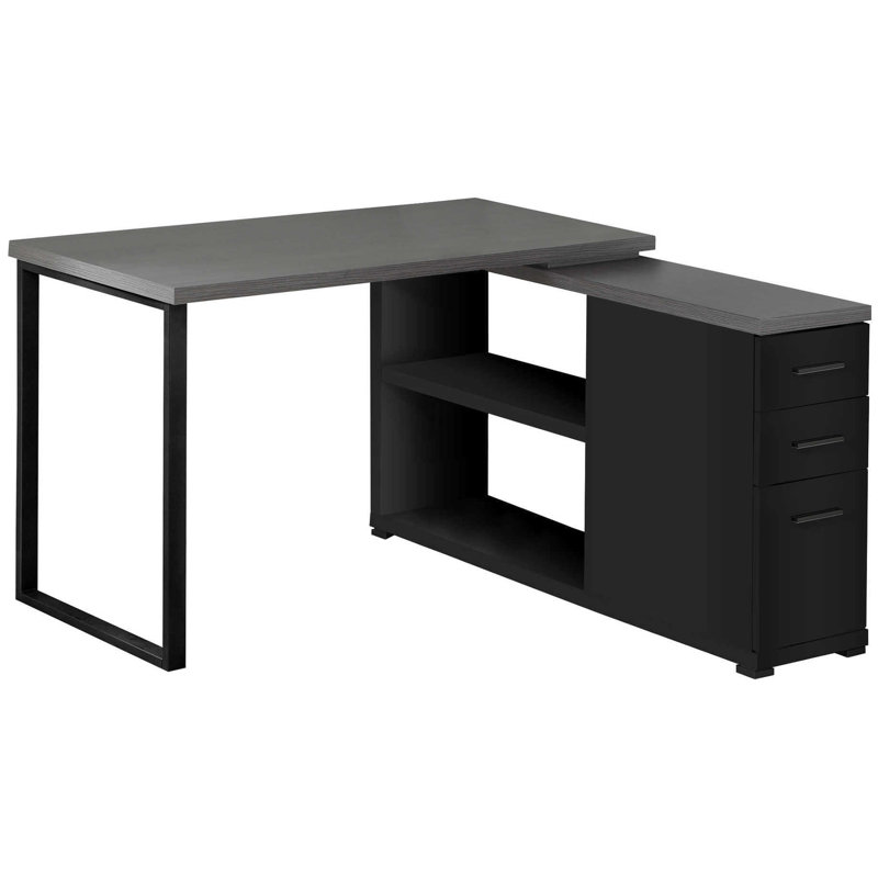 Bureau à domicile en forme de L, surface stratifiée noire et grise, solutions de rangement, bureau d'ordinateur moderne au design fonctionnel pour le bureau, avec rangement, option gauche / droite, base en métal, finition