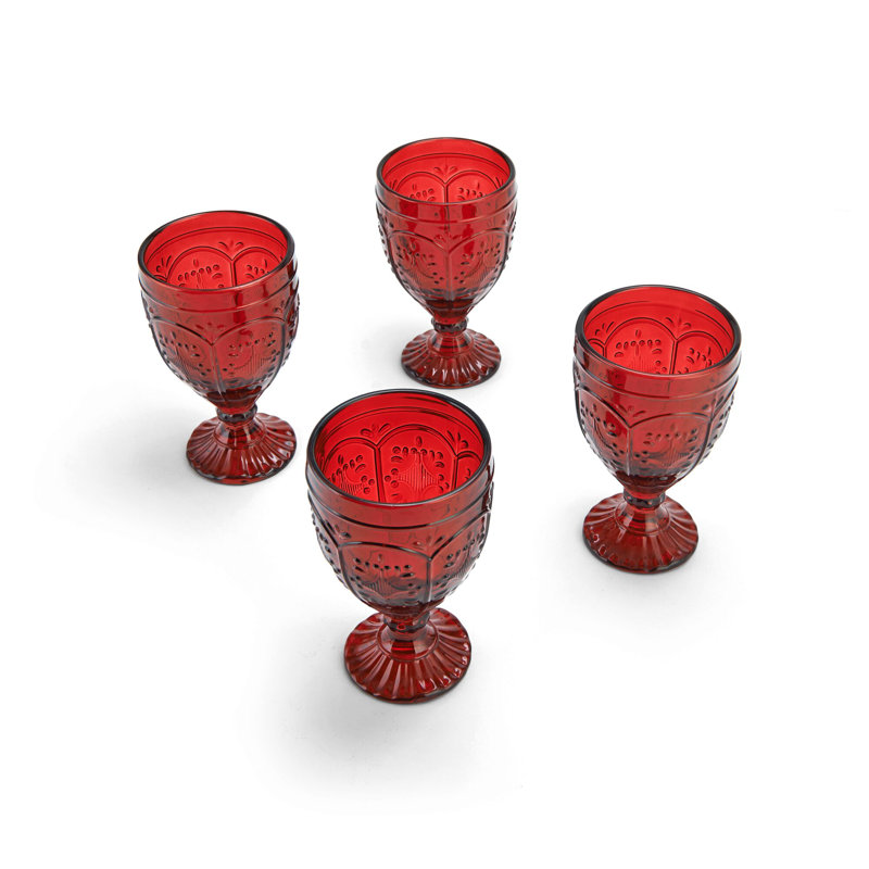 Vintage Red Embossed Glass Goblet Set of Four