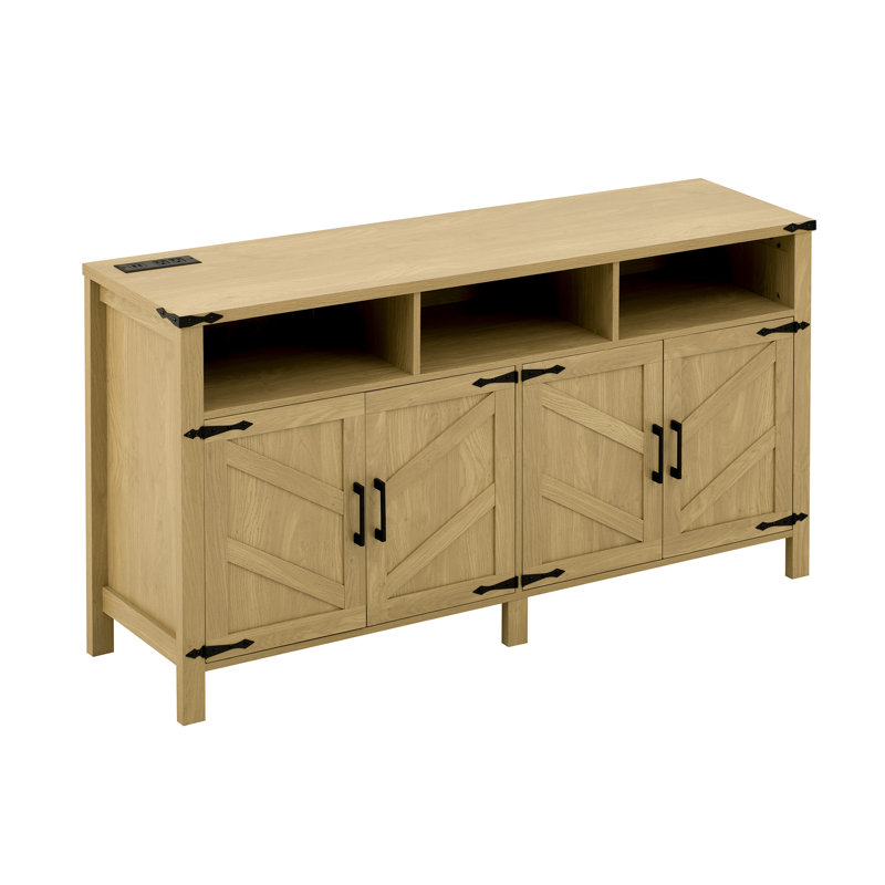 59" Modern 4-Door Sideboard with Power & USB, Adjustable Shelves, Half-Open Storage, Metal Accents, Natural