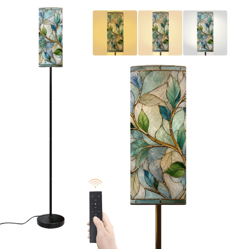 Lampe sur pied effet vitrail vert vif à feuilles bleues à intensité variable moderne avec télécommande et pédale abat-jour abat-jour grand lampadaire pour salon chambre bureau
