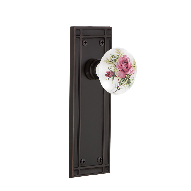 Plaque de mission avec bouton de porte en porcelaine rose, Bronze intemporel