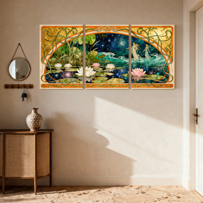 Fantaisie et science-fiction, fantaisie, nénuphar, nuit, clair de lune, fées, ensemble de 3 impressions sur toile