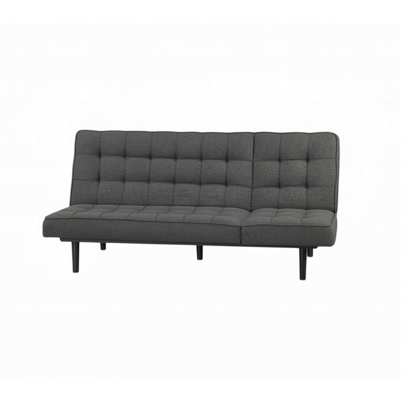 Canapé futon gris foncé avec capitonnage biscuit et appui-tête réglable, convertible en méridienne ou en lit pour un confort polyvalent