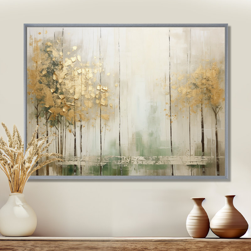 «Minimalisme beige et forêt dorée II», reproduction d'art sur toile, H 24 po x l 32 po x P 1 po, Encadrement argenté