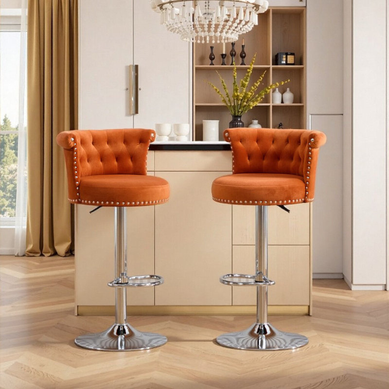 Ensemble de 2 tabourets de bar en velours, tabourets de comptoir pivotants réglables avec pieds en métal argenté, velours moelleux et garnitures cloutées chromées pour la cuisine, la salle à manger