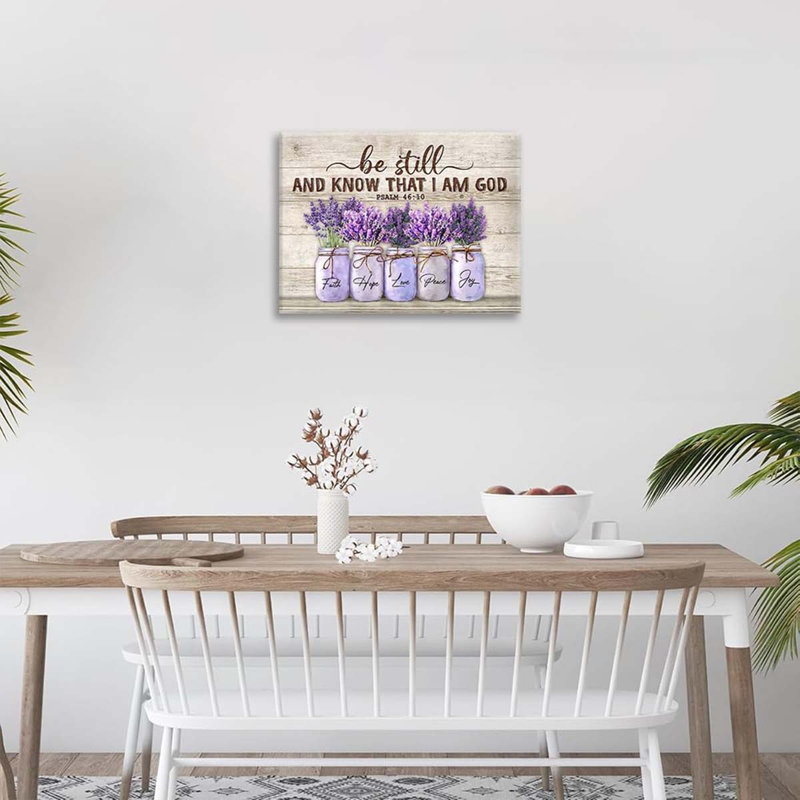 Lavender Bathroom Flower Decor Wall Art Be Still And Know That I Am God Rustic Floral Purple Pictures Wall Decor Religion Canvas Painting.