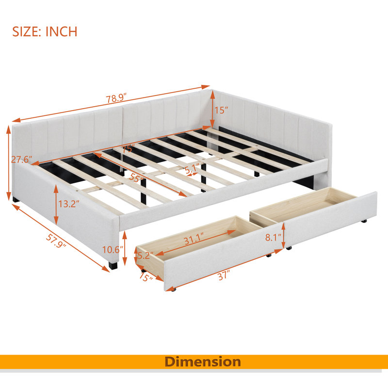 Full Size Upholstered Daybed With 2 Storage Drawers Sofa Bed, Beige
