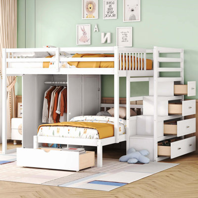 Lit superposé simple au-dessus de simple avec garde-robe et tiroirs blancs