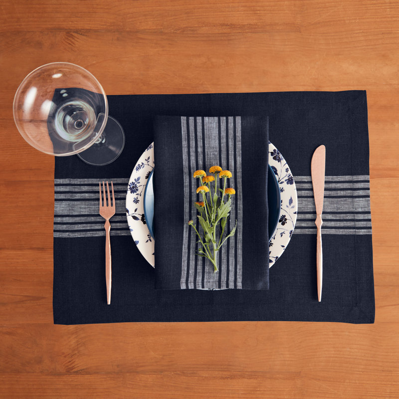 Farmhouse - 100% Pure Linen Dinner Napkins, White and Navy