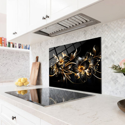 Midnight Florals Tempered Glass Backsplash - Kitchen Wall Decor