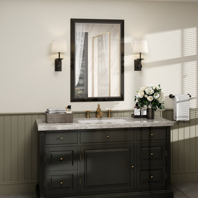 Molly Tempered Glass Metal Beveled Framed Wall Mounted Vanity Rectangular Mirror, 36" x 24", Black