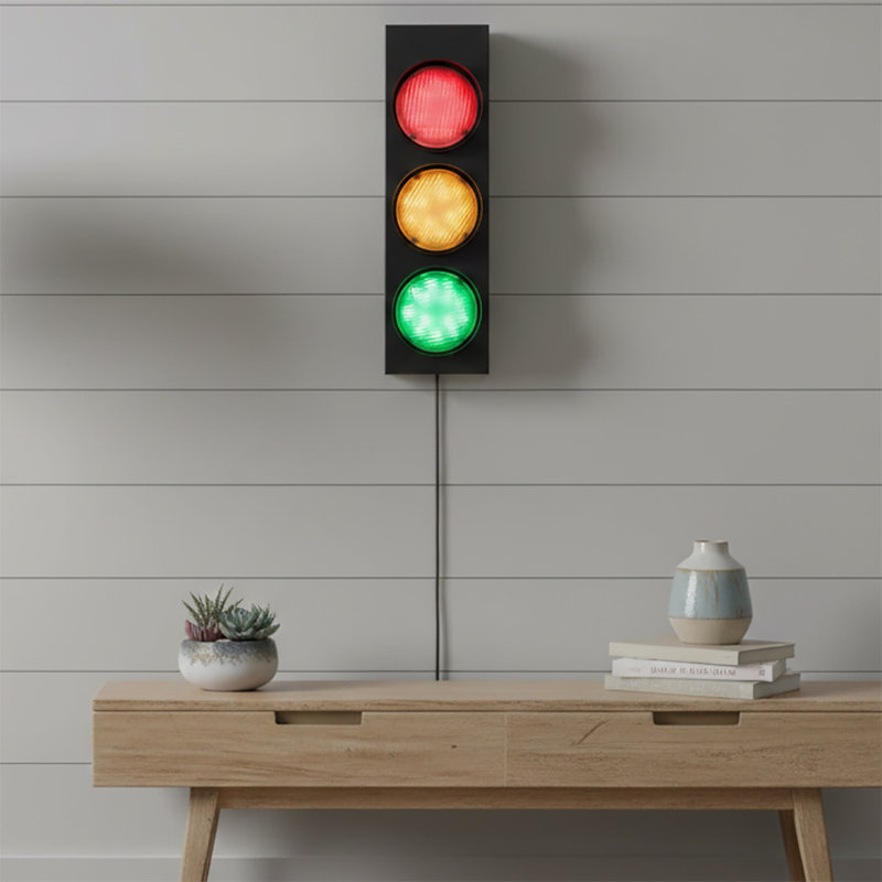 Industrial 18.5" Traffic Signal Wall Sconce - Remote Controlled 3-Light Stoplight with Frosted Glass & Metal Frame