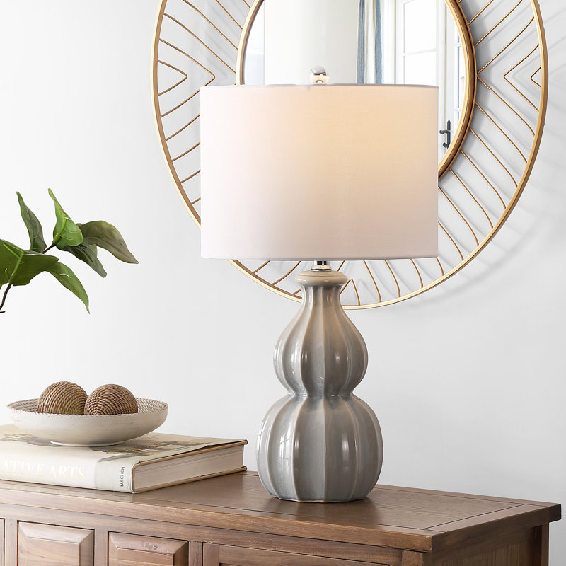 Gray Ceramic Triple Gourd Table Lamp with White Shade