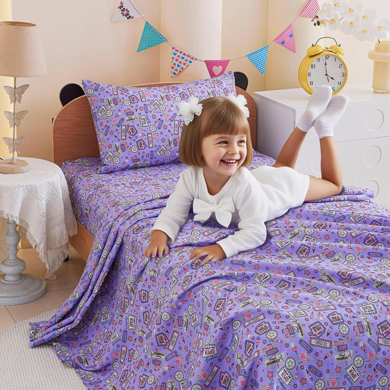 Ensemble de draps pour enfants, draps 4 pièces, drap-housse en microfibre avec poche profonde de 15 pouces et sangles de coin, imprimé Cool Girl