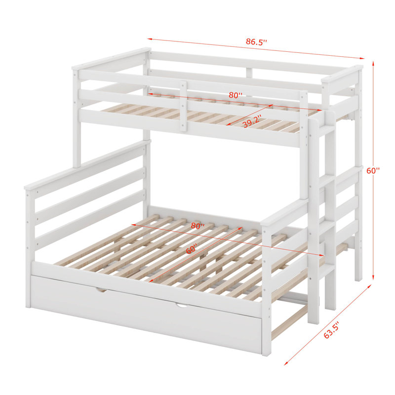 Twin XL Over Queen Bunk Bed With Trundle, Wooden Bed Frame With Ladder And Guardrail, Separated Into 3 Beds,, White
