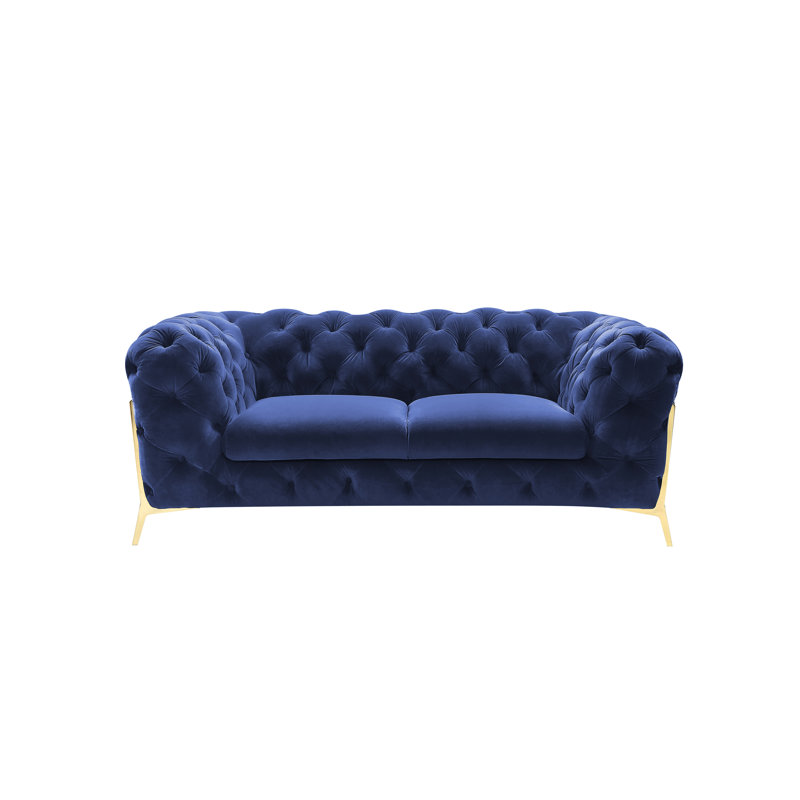 Soule - Causeuse transitionnelle en velours, Velours bleu, H 30 po x l 74 po x P 40 po
