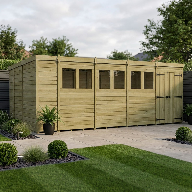 Total Sheds 18ft x 9ft Pent Garden Shed - Double Door - With Windows - Pressure Treated Timber - UK Manufactured