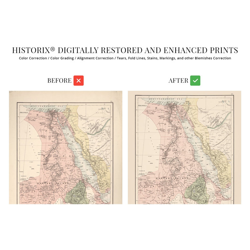 1885 Égypte, affiche de carte sur papier, H 24 po x l 18 po