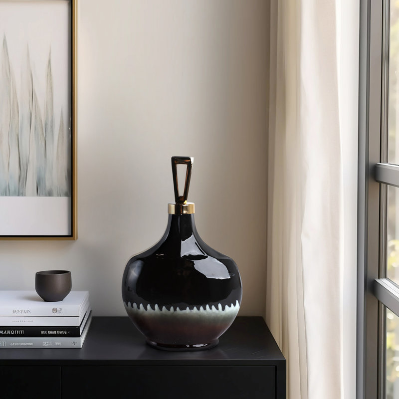 Elegant Round Glass Vase with Metal Handle Lid for Home Decor - Tall Table Vase Accent for Living Room Display & Flower Arrangement - Black & Gold