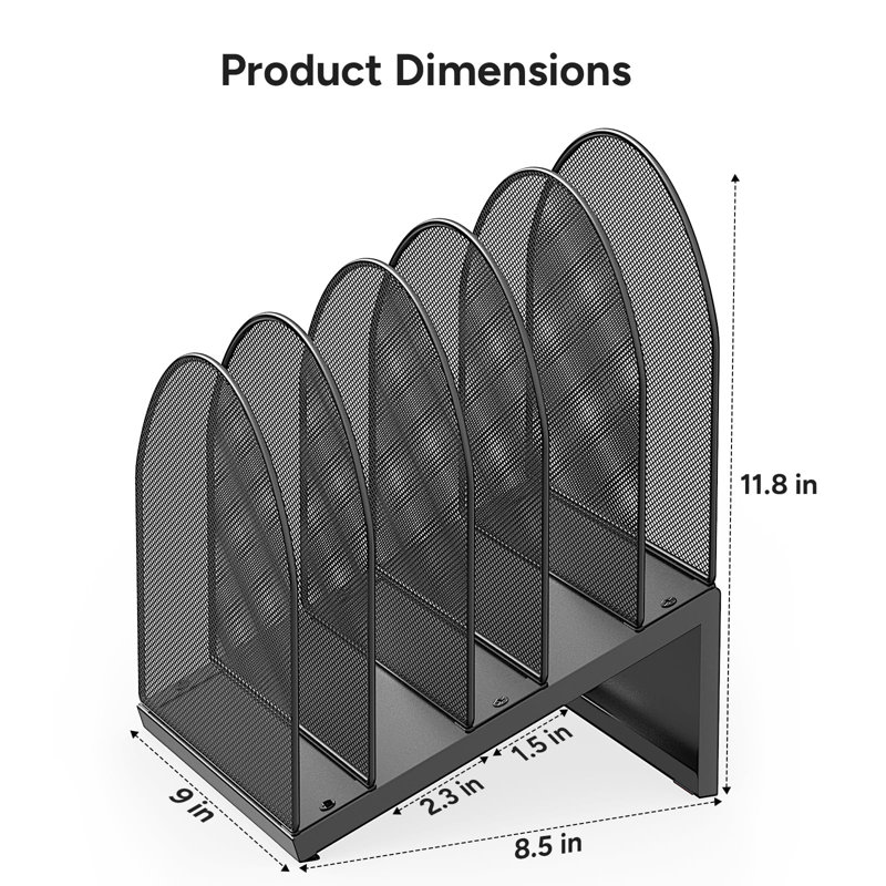 5-Section Desk File Organizer, Mesh Folder Organizer for Documents, Mail & Office Papers, (Black)