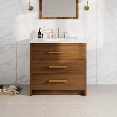 Meuble-lavabo simple en noyer de 36 po avec dessus en pierre d'ingénierie Arabescato et lavabo sous-comptoir en porcelaine Belfield