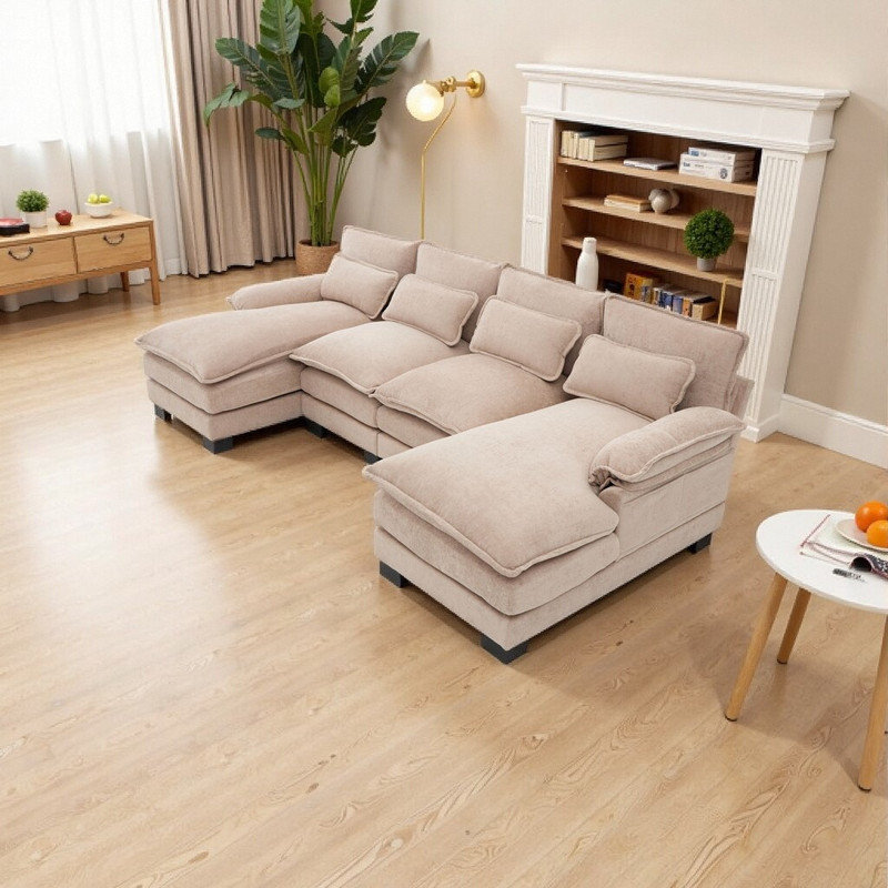 U-Shaped Cloud Sectional Sofa with Double Chaise, Chenille Fabric 8-Pillow Sofa, Brown Chenille