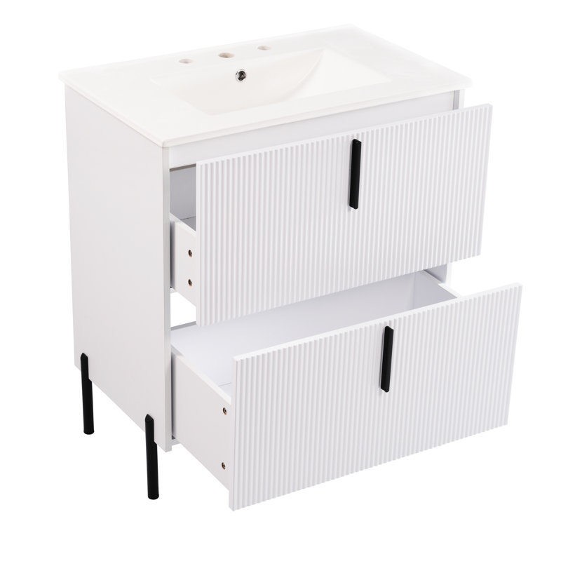 Meuble-lavabo de salle de bain de 76 cm (30 po) avec lavabo en céramique intégré, tiroir cannelé à fermeture amortie, espace d'extension, poignée de 14,7 cm (5,8 po), pied de 21 cm (8,27 po), blanc, style américain, glissières sous plan.
