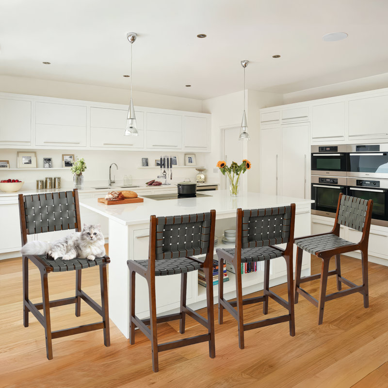 24" Counter Height Bar Stools Set of 2,Grey  Woven Faux Leather Seat & Back, Solid Wood Frame with Walnut Finish, 2