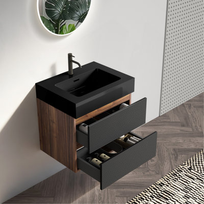 Meuble-lavabo 24 po avec lavabo en quartz noir mat et tiroirs noirs doux, meuble-lavabo mural flottant pour salle de bain moderne, lavabo une pièce sans drain et robinet