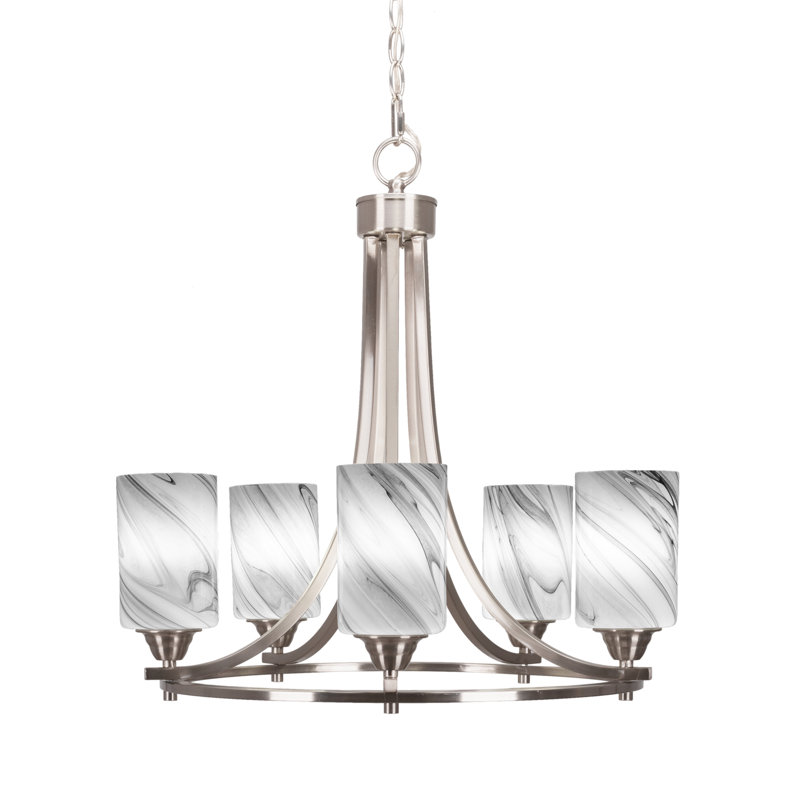 Paramount 5 Light Uplight Chandelier Shown In Brushed Nickel Finish With 4" Onyx Swirl Glass