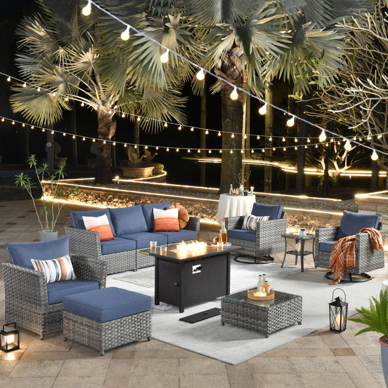 Anuksha 10 Piece Sofa Seating Group with Cushions, Denim Blue