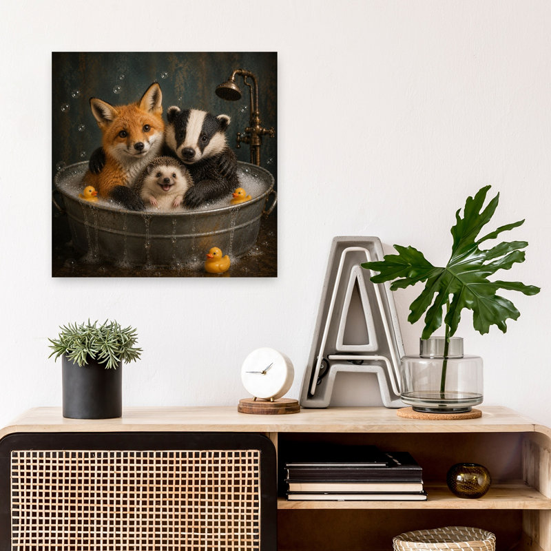 Woodland Friends Bath Time Contemporary Duck Fox Forest Wall Art Print by Katie Towers - Wrapped Canvas Print