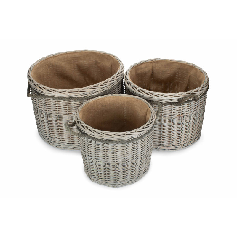 Wicker 3 Piece Storage Basket Set with Lining, Grey Wash