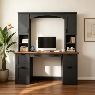 Farmhouse Arched Computer Desk with Hutch, Mid-Century Walnut Home Office Workstation with Charging Station & Keyboard Tray, All-in-One Writing Desk w